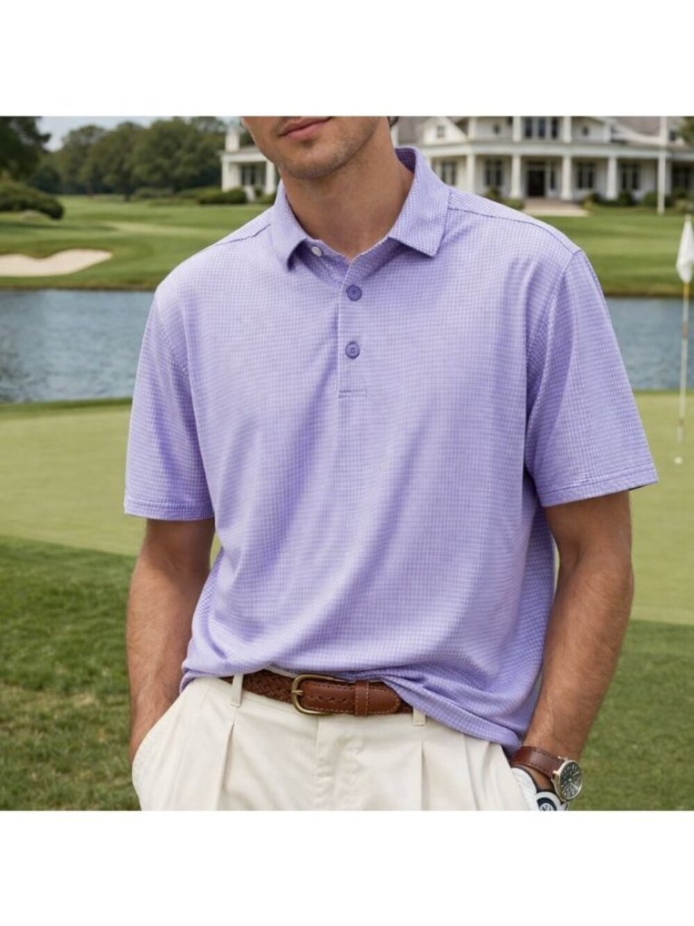 Ibkul Purple Gingham Short Sleeve Polo Size XL UPF 50+ Quick Dry